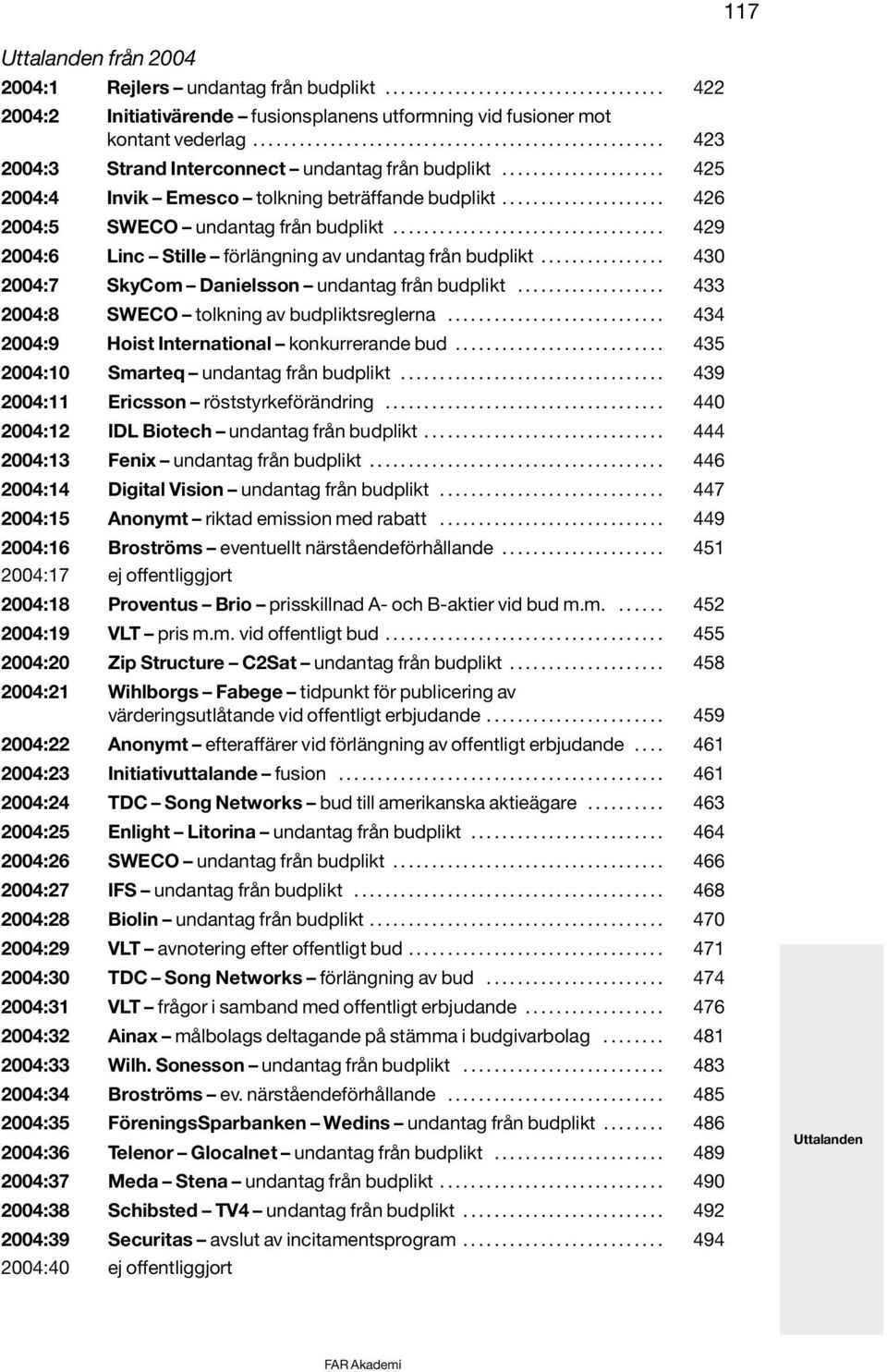 .................... 426 2004:5 SWECO undantag från budplikt................................... 429 2004:6 Linc Stille förlängning av undantag från budplikt.