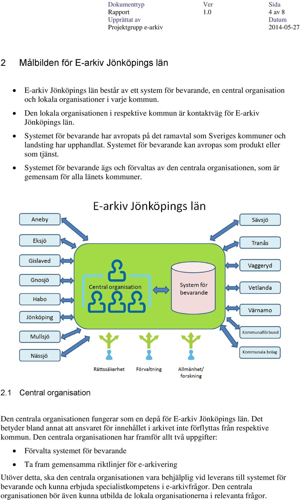 Systemet för bevarande kan avropas som produkt eller som tjänst. Systemet för bevarande ägs och förvaltas av den centrala organisationen, som är gemensam för alla länets kommuner. 2.