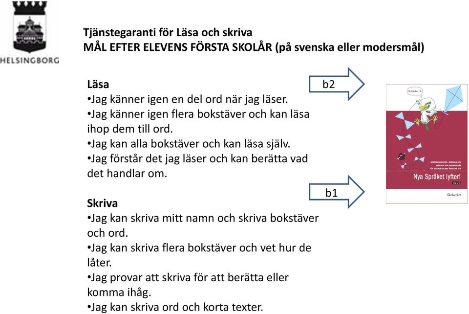 Jag förstår det jag läser och kan berätta vad det handlar om. Skriva Jag kan skriva mitt namn och skriva bokstäver och ord.