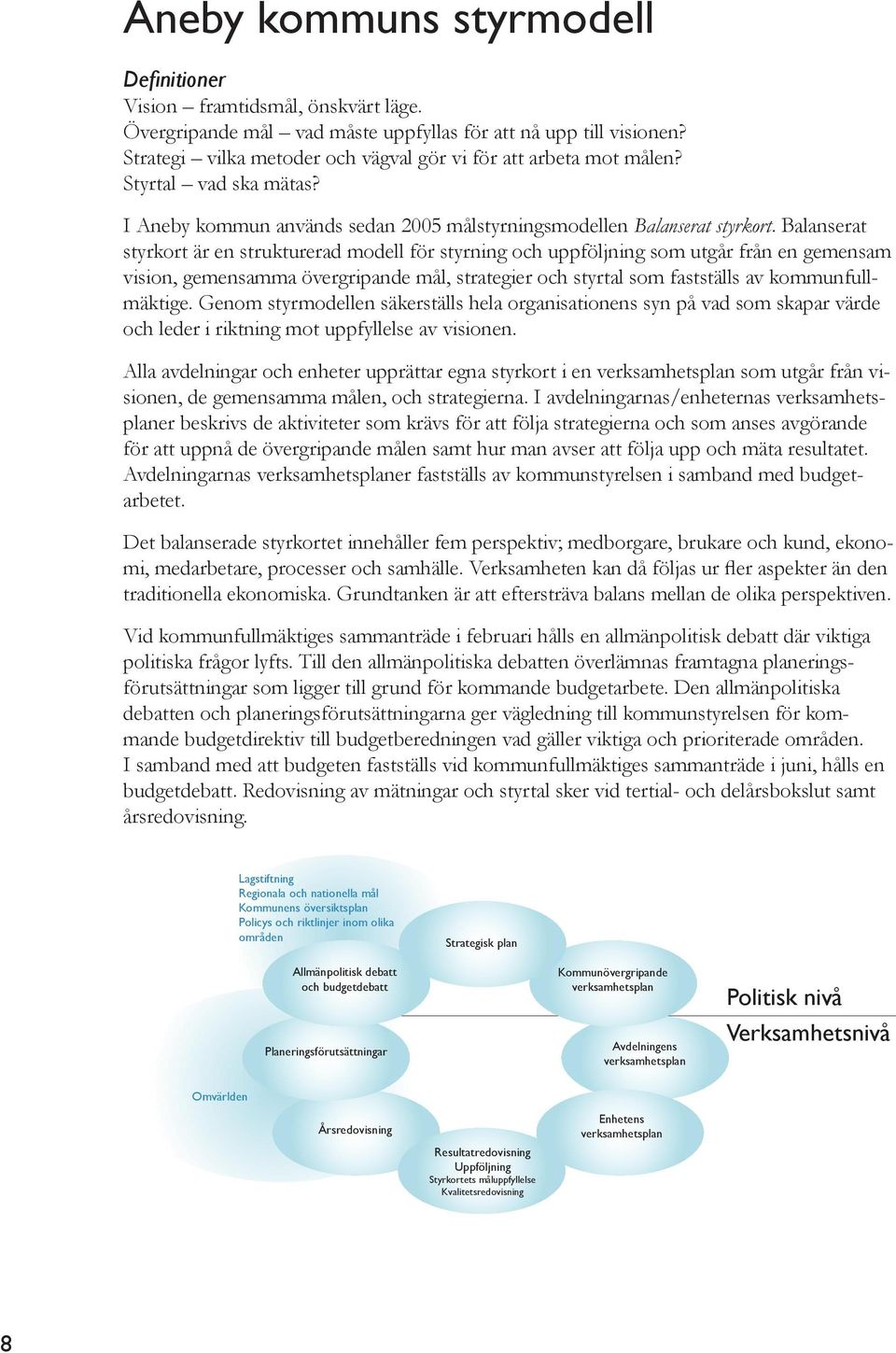 Balanserat styrkort är en strukturerad modell för styrning och uppföljning som utgår från en gemensam vision, gemensamma övergripande mål, strategier och styrtal som fastställs av kommunfullmäktige.