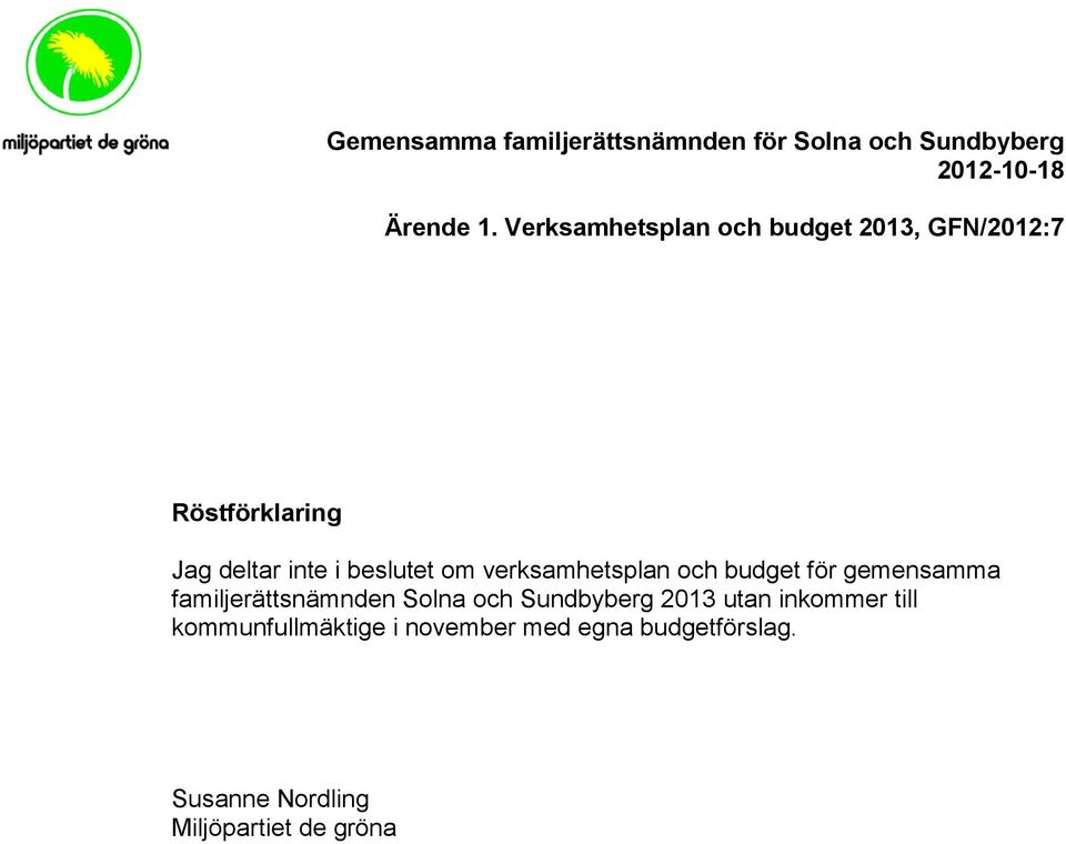 verksamhetsplan och budget för gemensamma familjerättsnämnden Solna och Sundbyberg 2013