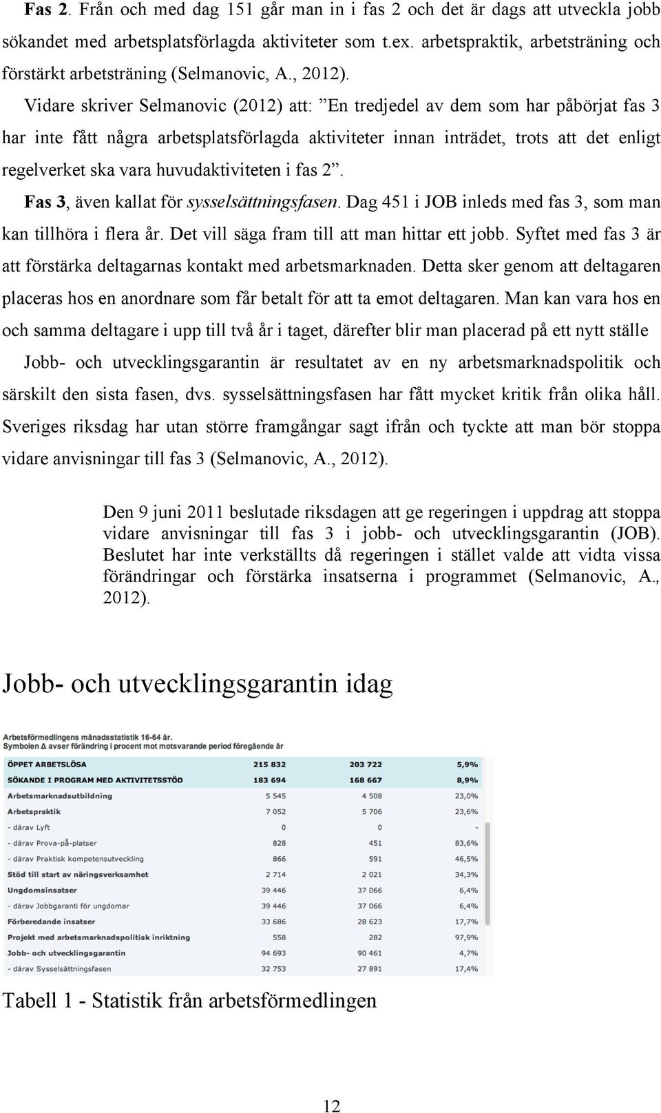 Vidare skriver Selmanovic (2012) att: En tredjedel av dem som har påbörjat fas 3 har inte fått några arbetsplatsförlagda aktiviteter innan inträdet, trots att det enligt regelverket ska vara