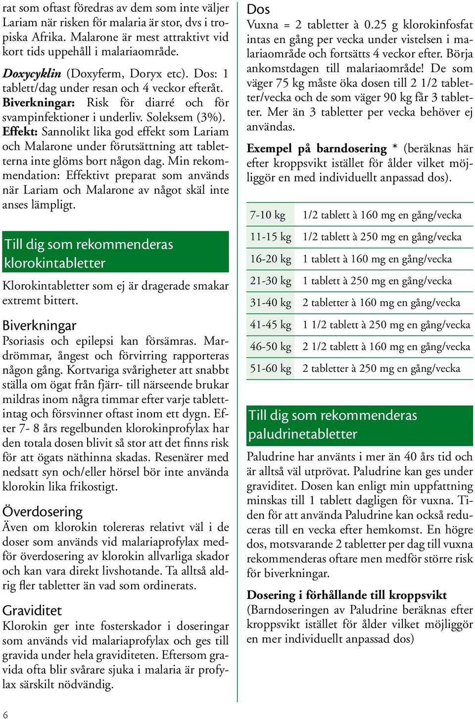 Effekt: Sannolikt lika god effekt som Lariam och Malarone under förutsättning att tabletterna inte glöms bort någon dag.