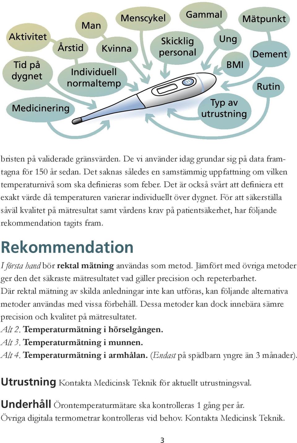 För att säkerställa såväl kvalitet på mätresultat samt vårdens krav på patientsäkerhet, har följande rekommendation tagits fram. Rekommendation I första hand bör rektal mätning användas som metod.