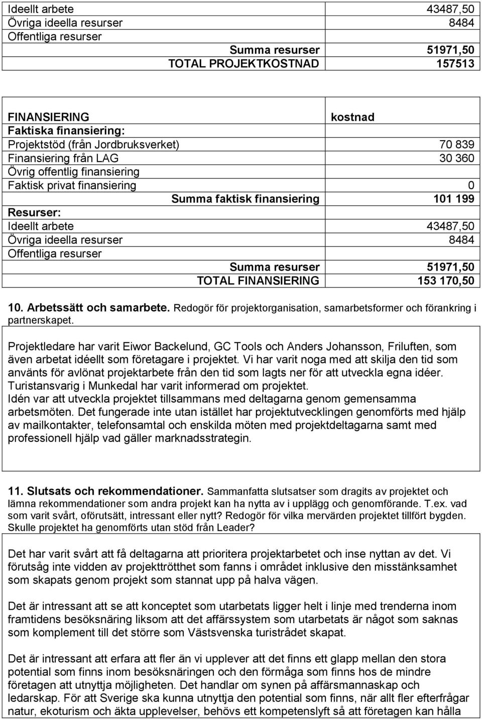 resurser 8484 Offentliga resurser Summa resurser 51971,50 TOTAL FINANSIERING 153 170,50 10. Arbetssätt och samarbete. Redogör för projektorganisation, samarbetsformer och förankring i partnerskapet.