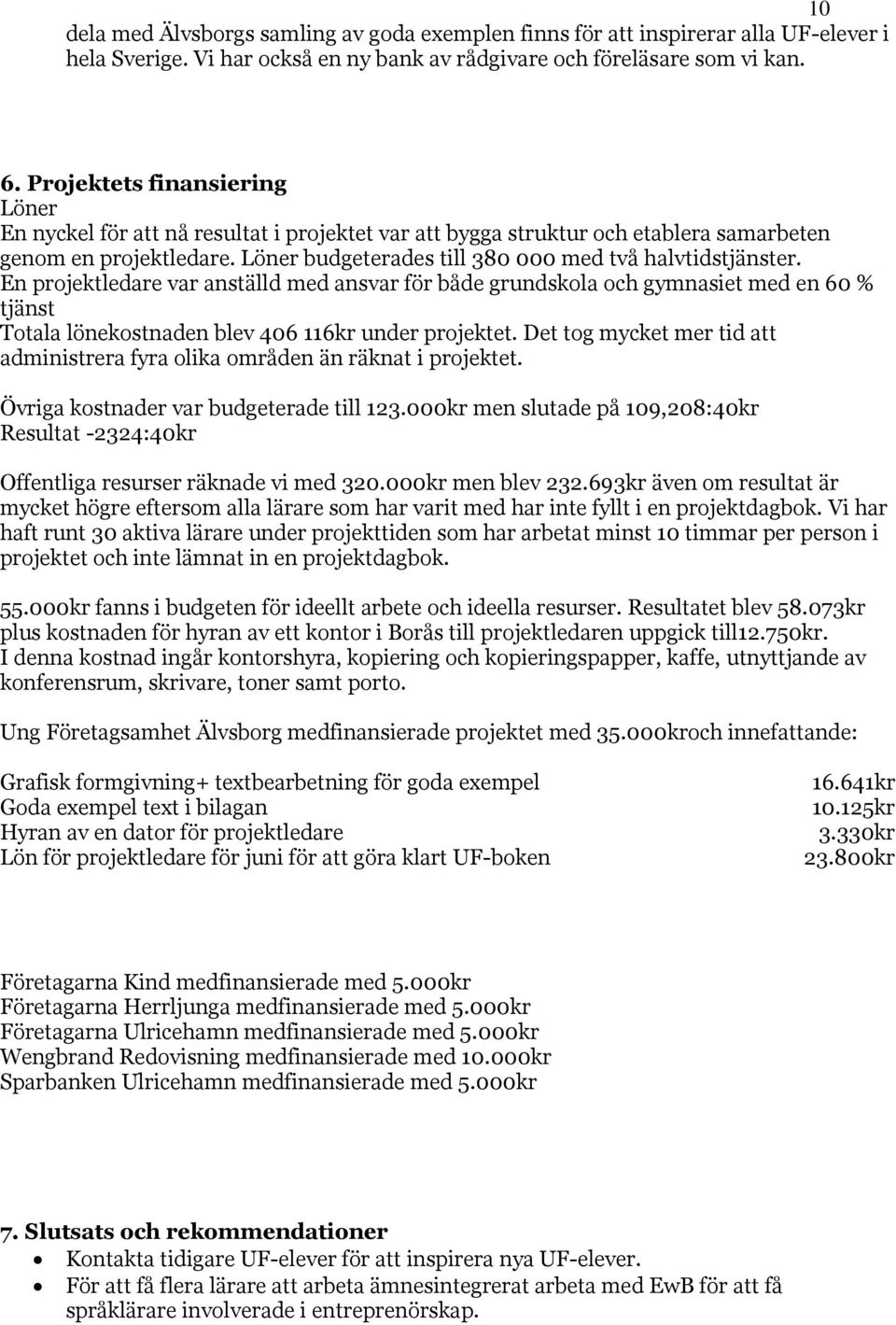 En projektledare var anställd med ansvar för både grundskola och gymnasiet med en 60 % tjänst Totala lönekostnaden blev 406 116kr under projektet.