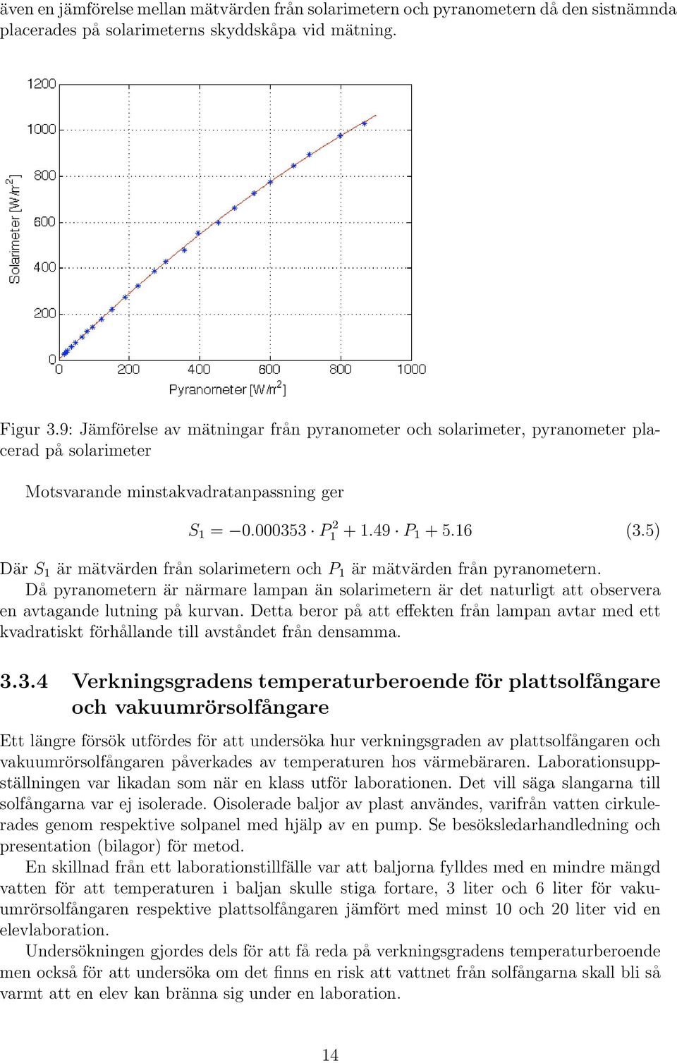 5) Där S 1 är mätvärden från solarimetern och P 1 är mätvärden från pyranometern. Då pyranometern är närmare lampan än solarimetern är det naturligt att observera en avtagande lutning på kurvan.