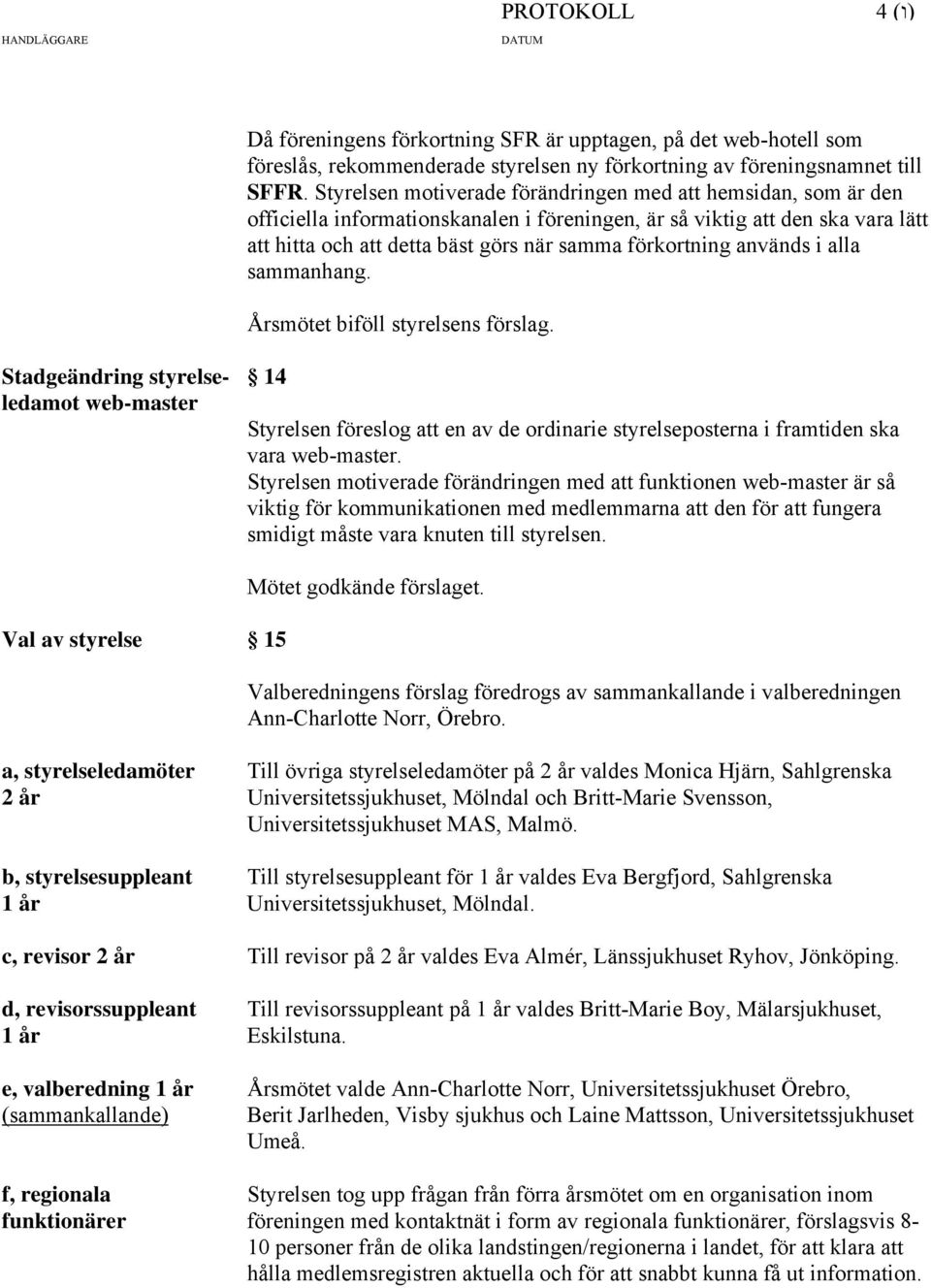 används i alla sammanhang. Årsmötet biföll styrelsens förslag. Stadgeändring styrelse- 14 ledamot web-master Styrelsen föreslog att en av de ordinarie styrelseposterna i framtiden ska vara web-master.