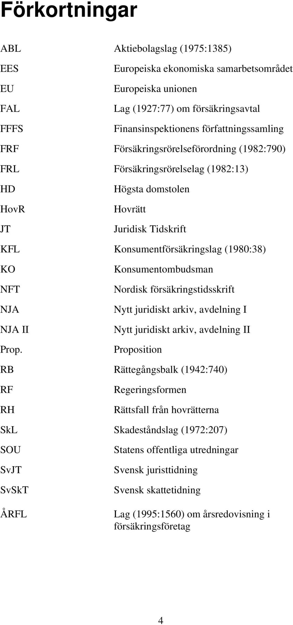 Prop. Konsumentombudsman Nordisk försäkringstidsskrift Nytt juridiskt arkiv, avdelning I Nytt juridiskt arkiv, avdelning II Proposition RB Rättegångsbalk (1942:740) RF RH Regeringsformen