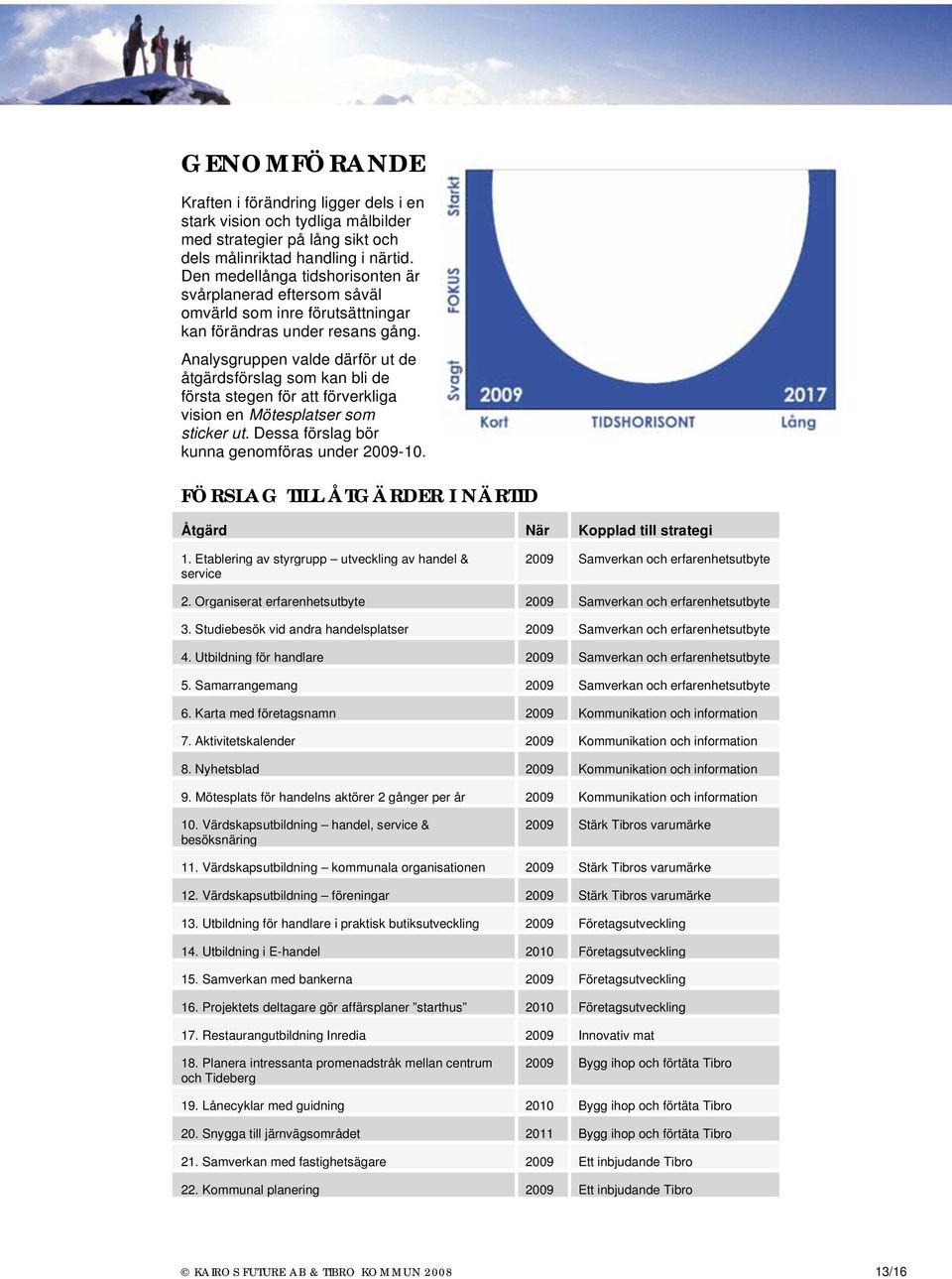 Analysgruppen valde därför ut de åtgärdsförslag som kan bli de första stegen för att förverkliga vision en Mötesplatser som sticker ut. Dessa förslag bör kunna genomföras under 2009-10.