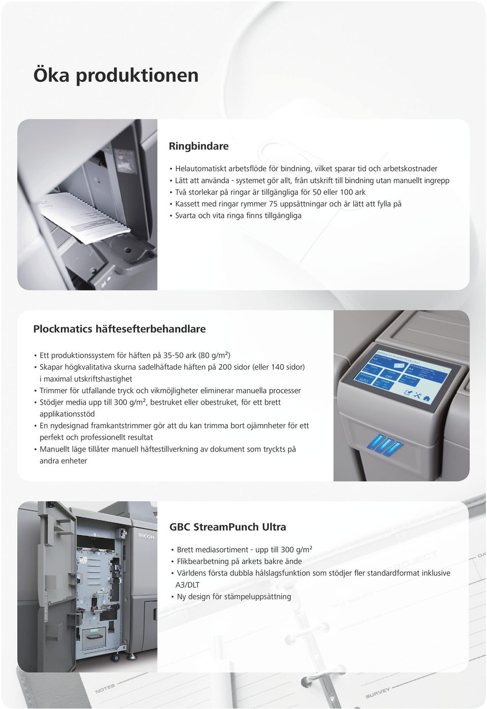 Ett produktionssystem för häften på 35-50 ark (80 g/m²) Skapar högkvalitativa skurna sadelhäftade häften på 200 sidor (eller 140 sidor) i maximal utskriftshastighet Trimmer för utfallande tryck och