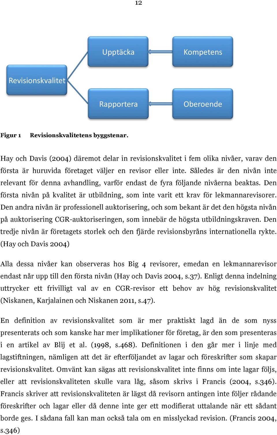 Således är den nivån inte relevant för denna avhandling, varför endast de fyra följande nivåerna beaktas. Den första nivån på kvalitet är utbildning, som inte varit ett krav för lekmannarevisorer.