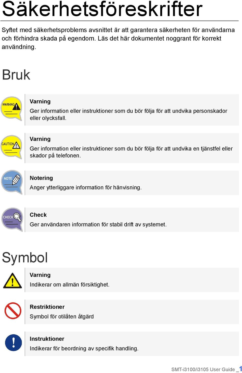 Varning Ger information eller instruktioner som du bör följa för att undvika en tjänstfel eller skador på telefonen. Notering Anger ytterliggare information för hänvisning.