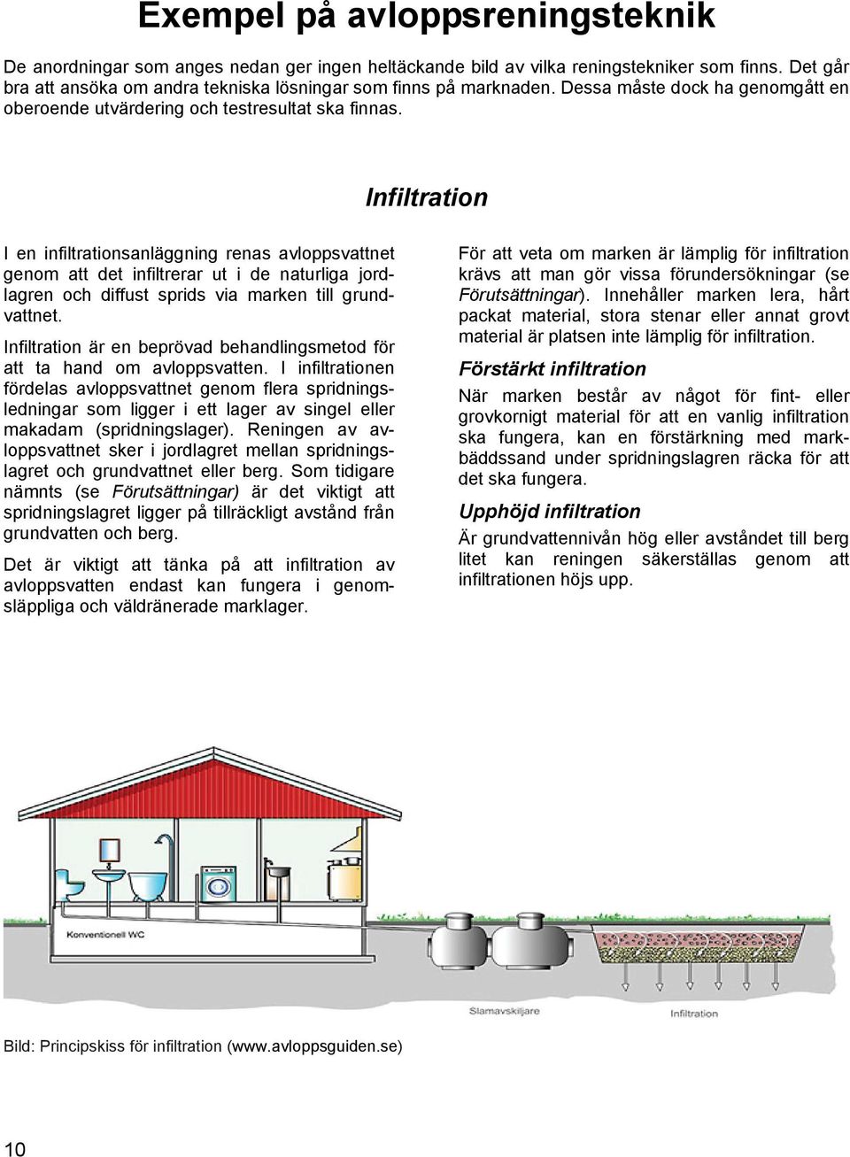 Infiltration I en infiltrationsanläggning renas avloppsvattnet genom att det infiltrerar ut i de naturliga jordlagren och diffust sprids via marken till grundvattnet.