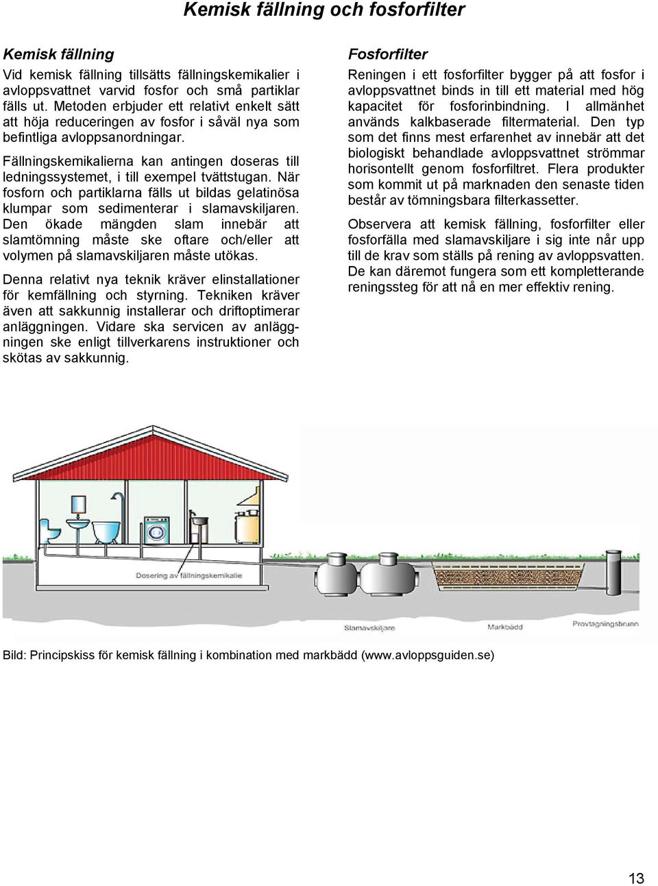 Fällningskemikalierna kan antingen doseras till ledningssystemet, i till exempel tvättstugan. När fosforn och partiklarna fälls ut bildas gelatinösa klumpar som sedimenterar i slamavskiljaren.