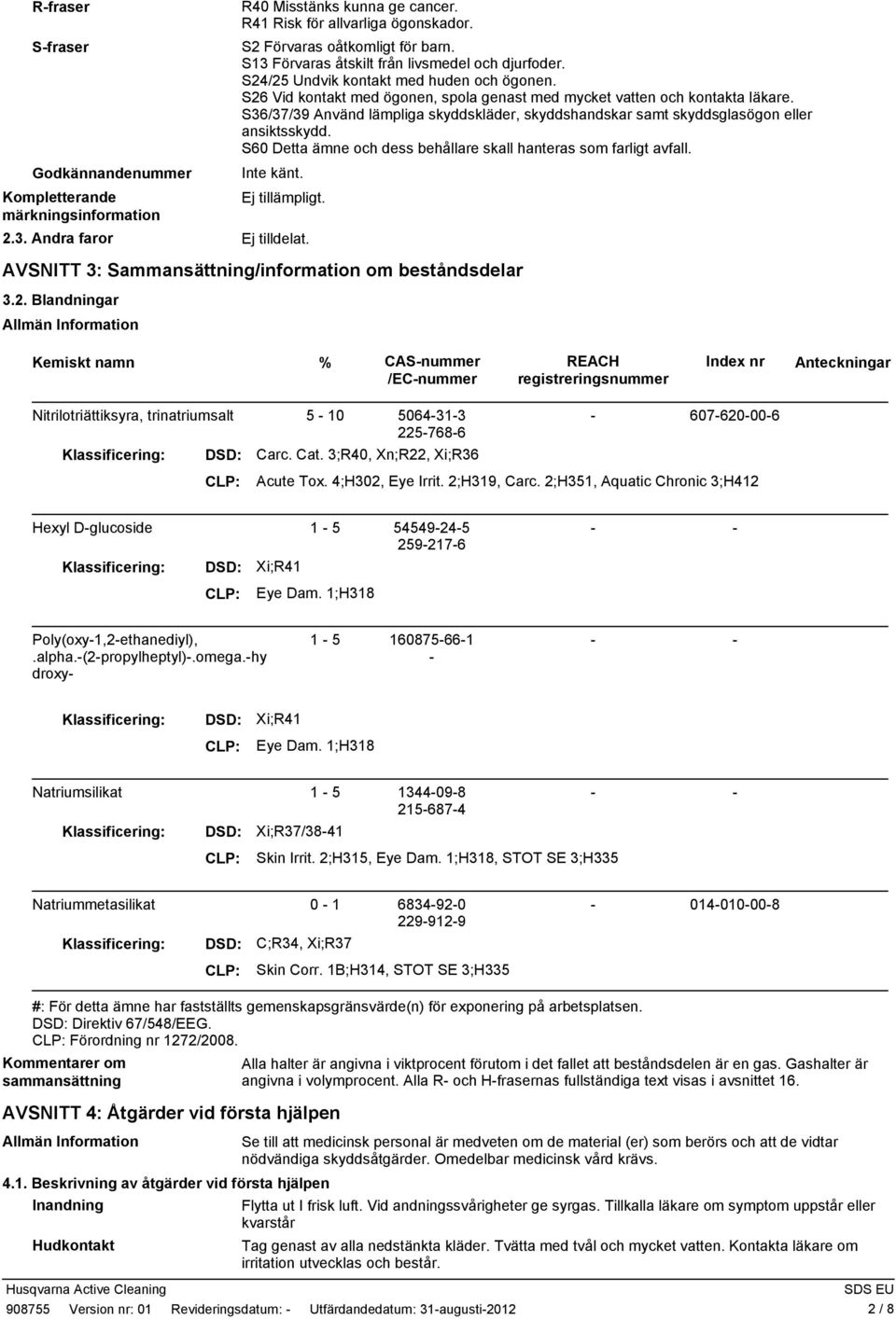 S36/37/39 Använd lämpliga skyddskläder, skyddshandskar samt skyddsglasögon eller ansiktsskydd. S60 Detta ämne och dess behållare skall hanteras som farligt avfall. Ej tillämpligt. 2.3. Andra faror Ej tilldelat.