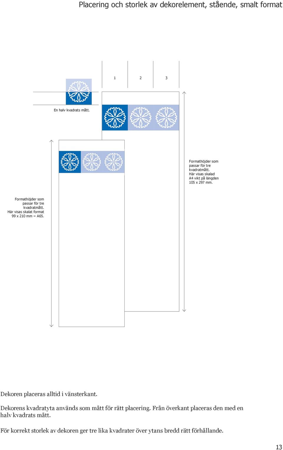 Formathöjder som passar för tre kvadratmått. Här visas skalat format 99 x 210 mm = A65. Dekoren placeras alltid i vänsterkant.