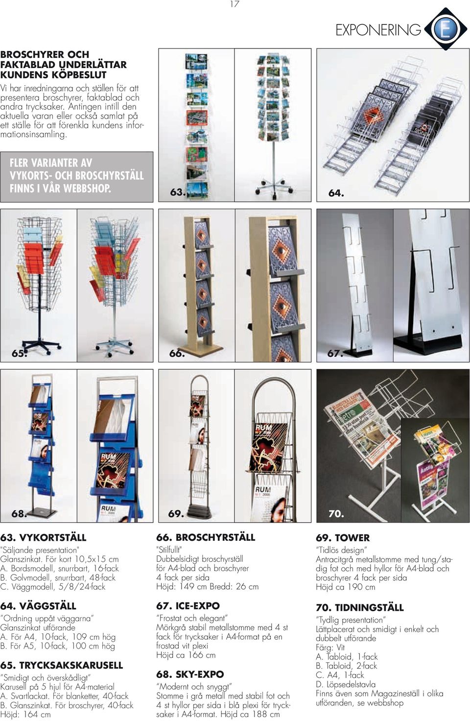 67. 68. 69. 70. 63. VYKORTSTÄLL "Säljande presentation" Glanszinkat. För kort 10,5x15 cm A. Bordsmodell, snurrbart, 16-fack B. Golvmodell, snurrbart, 48-fack C. Väggmodell, 5/8/24-fack 64.