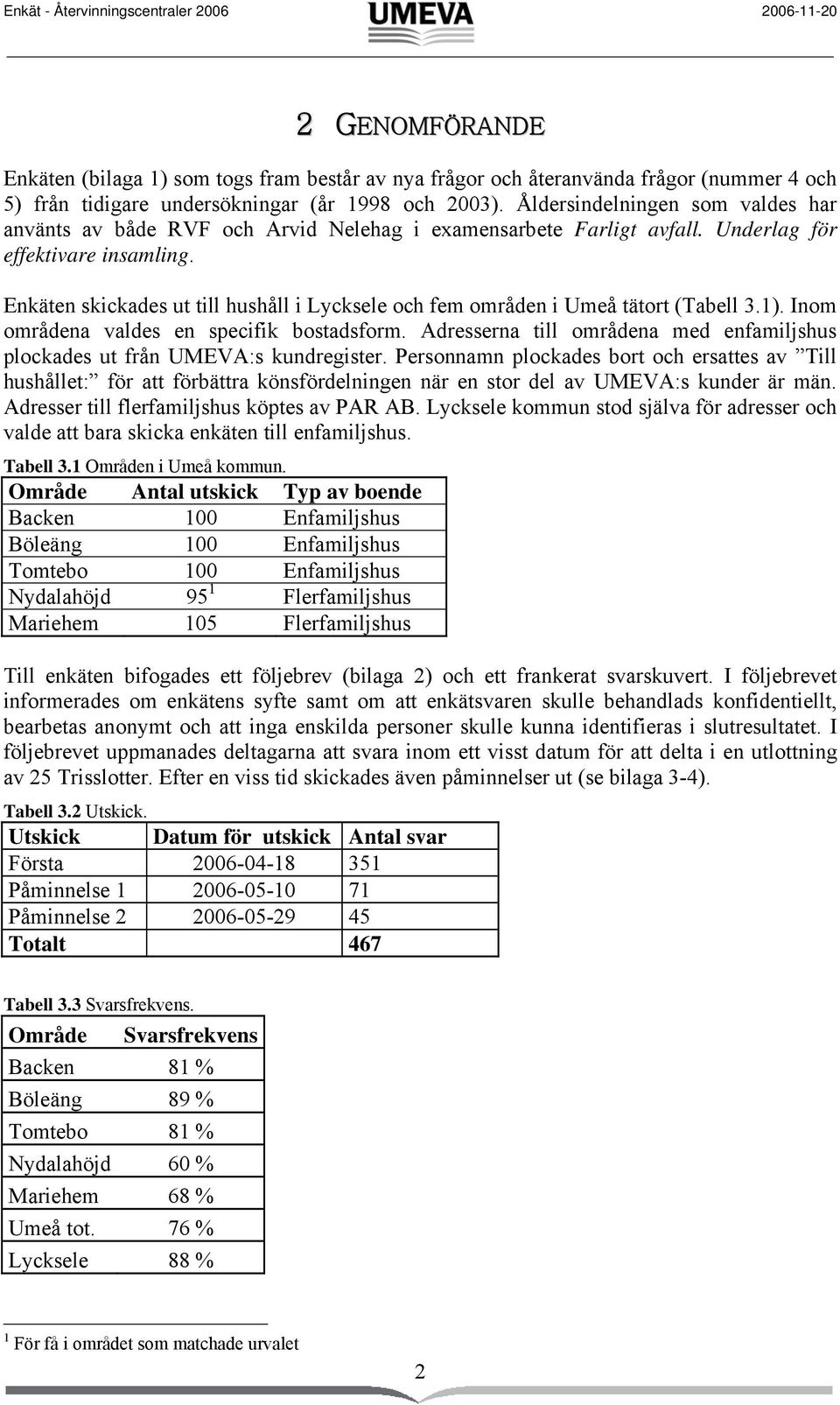 Enkäten skickades ut till hushåll i Lycksele och fem områden i Umeå tätort (Tabell 3.1). Inom områdena valdes en specifik bostadsform.