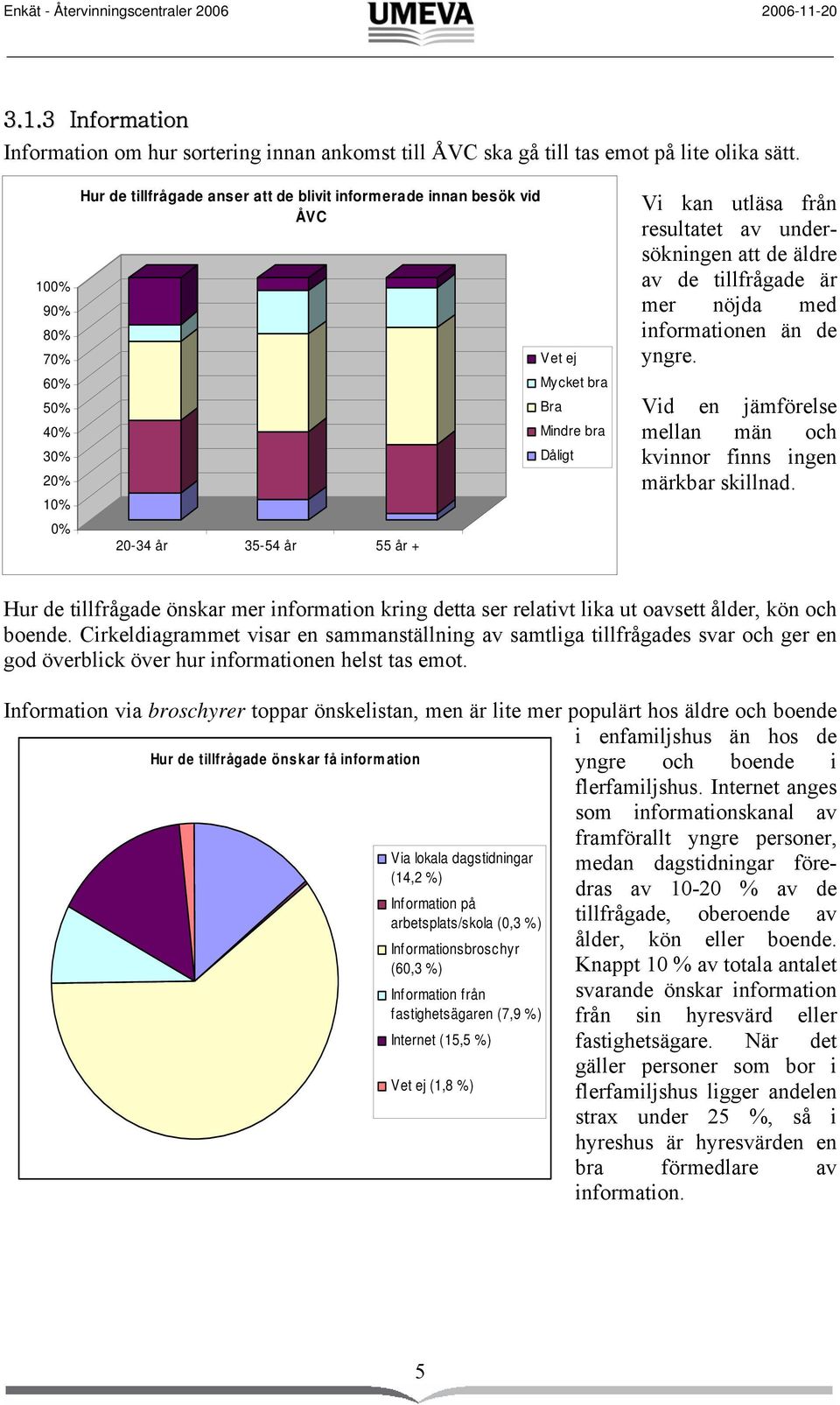 resultatet av undersökningen att de äldre av de tillfrågade är mer nöjda med informationen än de yngre. Vid en jämförelse mellan män och kvinnor finns ingen märkbar skillnad.