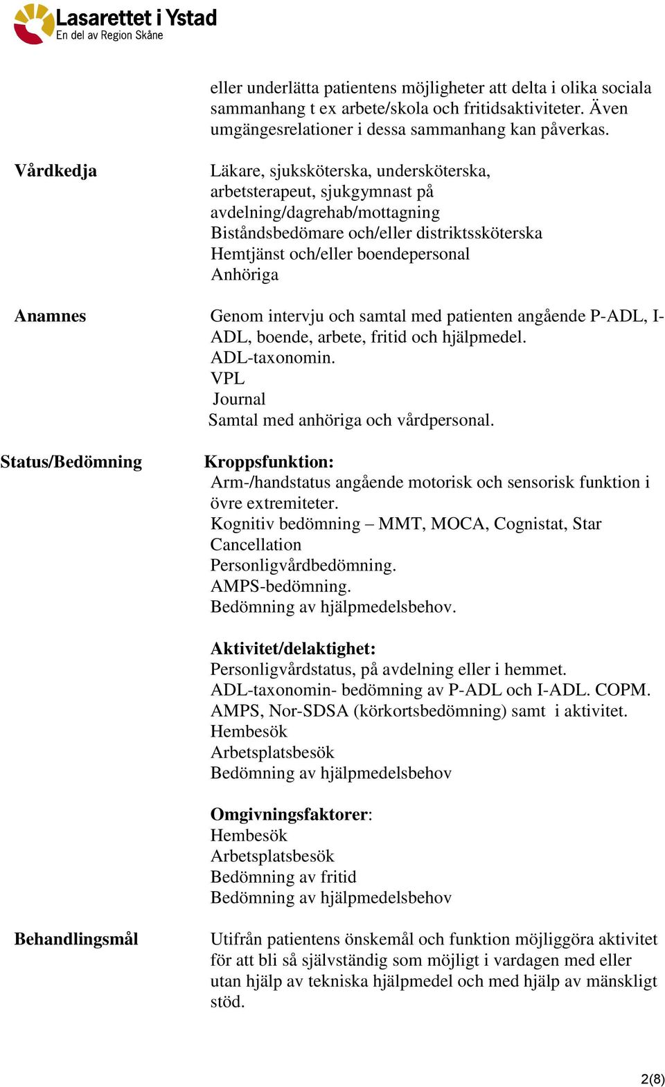 Anamnes Genom intervju och samtal med patienten angående P-ADL, I- ADL, boende, arbete, fritid och hjälpmedel. ADL-taxonomin. VPL Journal Samtal med anhöriga och vårdpersonal.