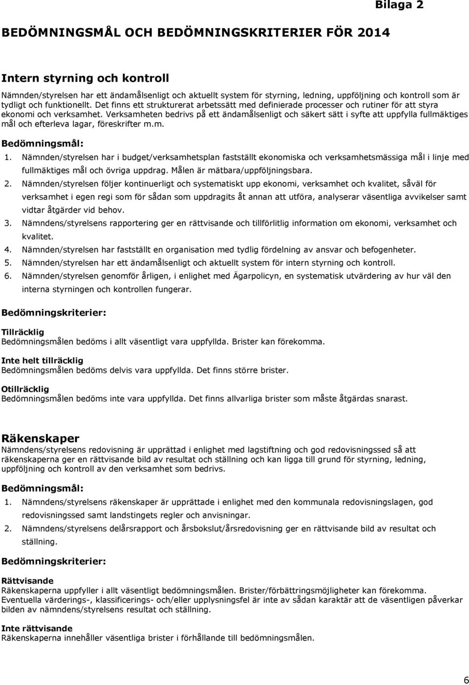 Verksamheten bedrivs på ett ändamålsenligt och säkert sätt i syfte att uppfylla fullmäktiges mål och efterleva lagar, föreskrifter m.m. Bedömningsmål: 1.