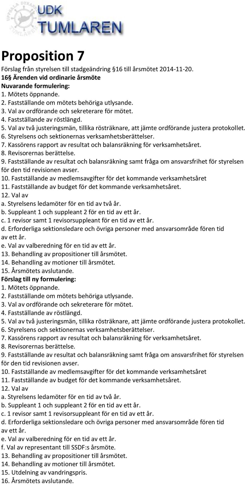 Styrelsens och sektionernas verksamhetsberättelser. 7. Kassörens rapport av resultat och balansräkning för verksamhetsåret. 8. Revisorernas berättelse. 9.