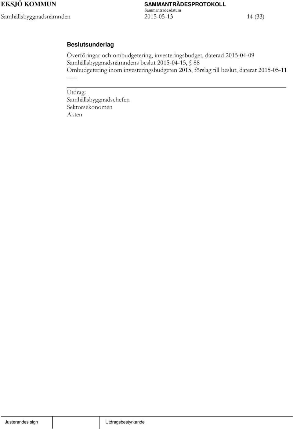 Samhällsbyggnadsnämndens beslut 2015-04-15, 88 Ombudgetering inom