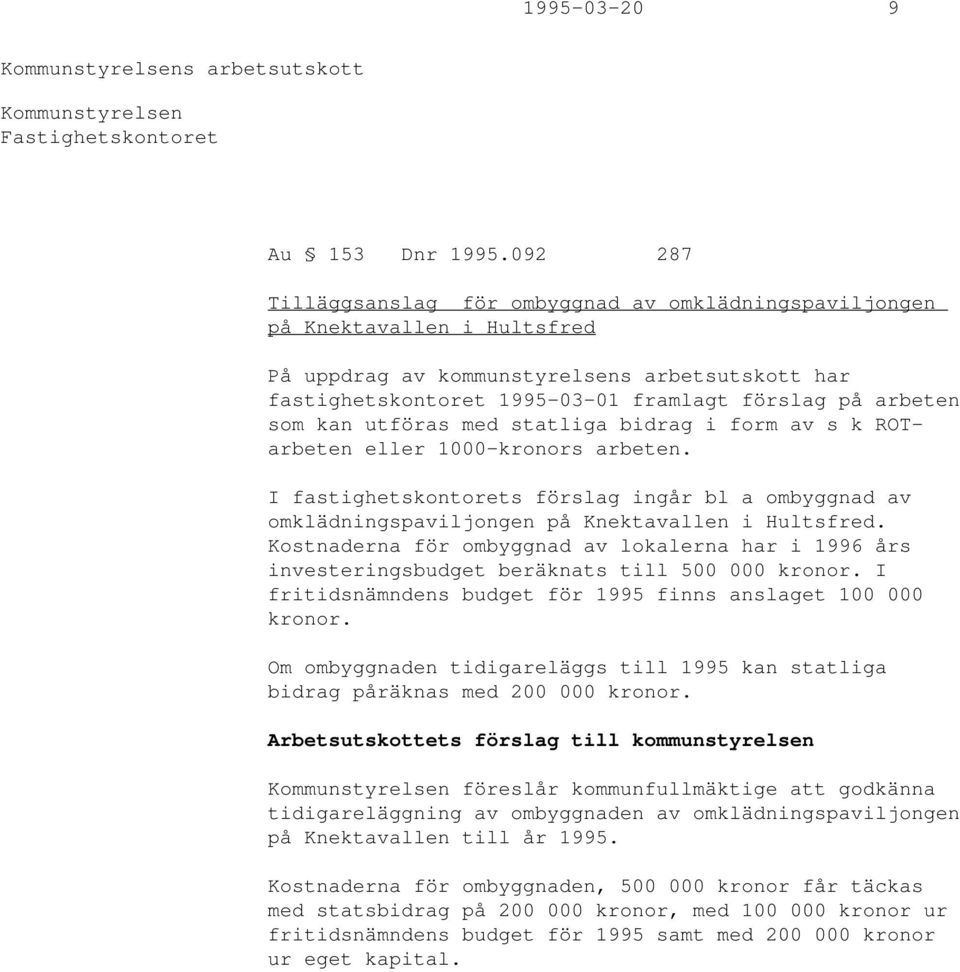 som kan utföras med statliga bidrag i form av s k ROTarbeten eller 1000-kronors arbeten. I fastighetskontorets förslag ingår bl a ombyggnad av omklädningspaviljongen på Knektavallen i Hultsfred.