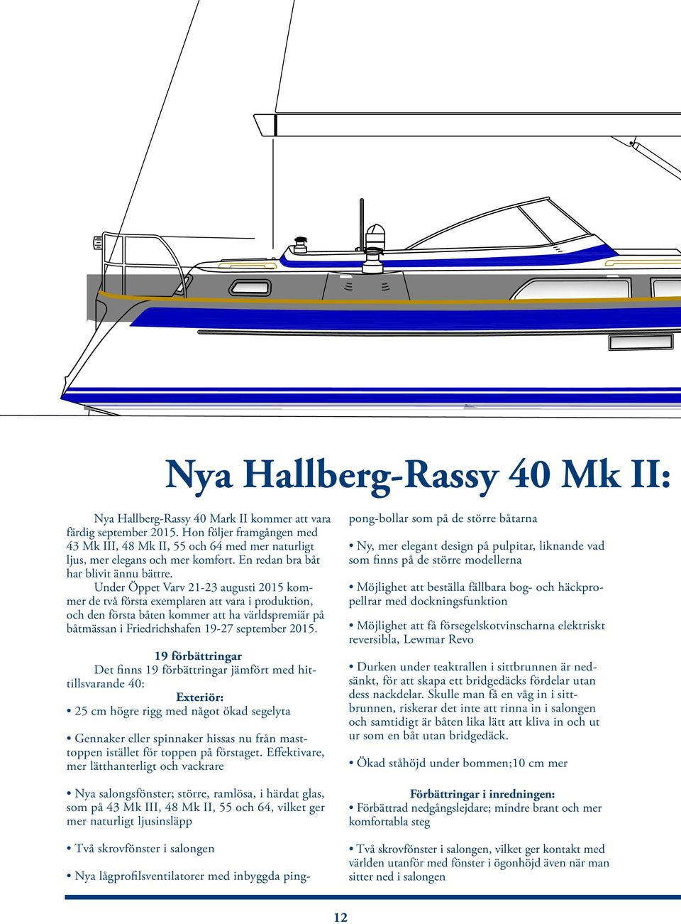 Under Öppet Varv 21-23 augusti 2015 kommer de två första exemplaren att vara i produktion, och den första båten kommer att ha världspremiär på båtmässan i Friedrichshafen 19-27 september 2015.