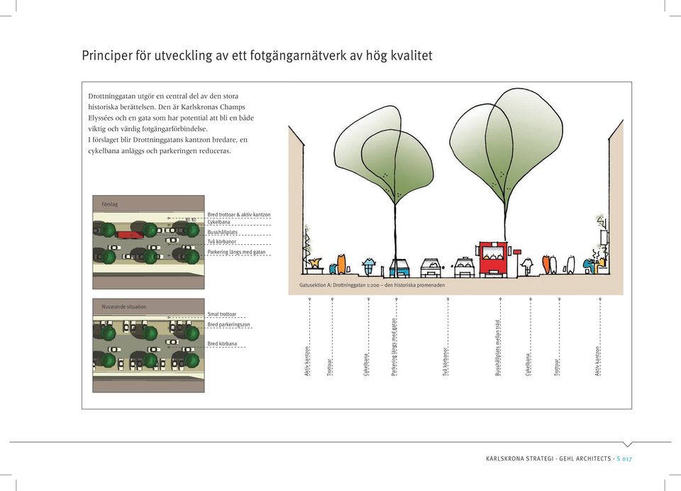 I förslaget blir Drottninggatans kantzon bredare, en cykelbana anläggs och parkeringen reduceras.