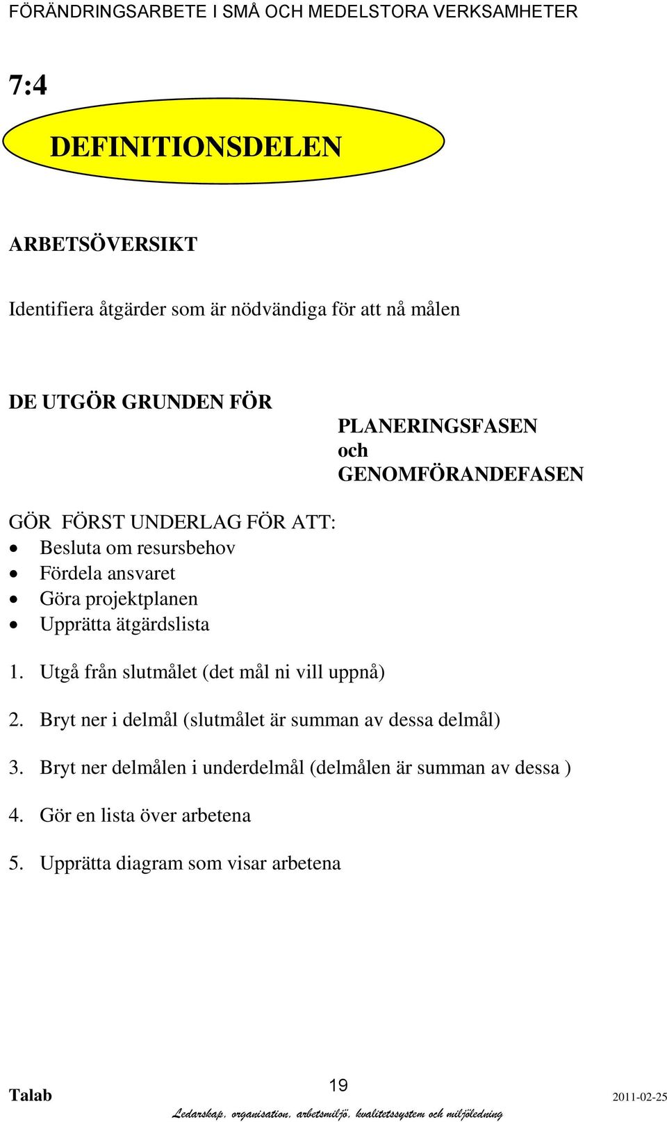 Upprätta ätgärdslista 1. Utgå från slutmålet (det mål ni vill uppnå) 2.