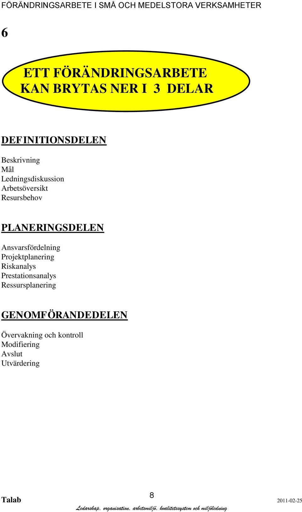 PLANERINGSDELEN Ansvarsfördelning Projektplanering Riskanalys