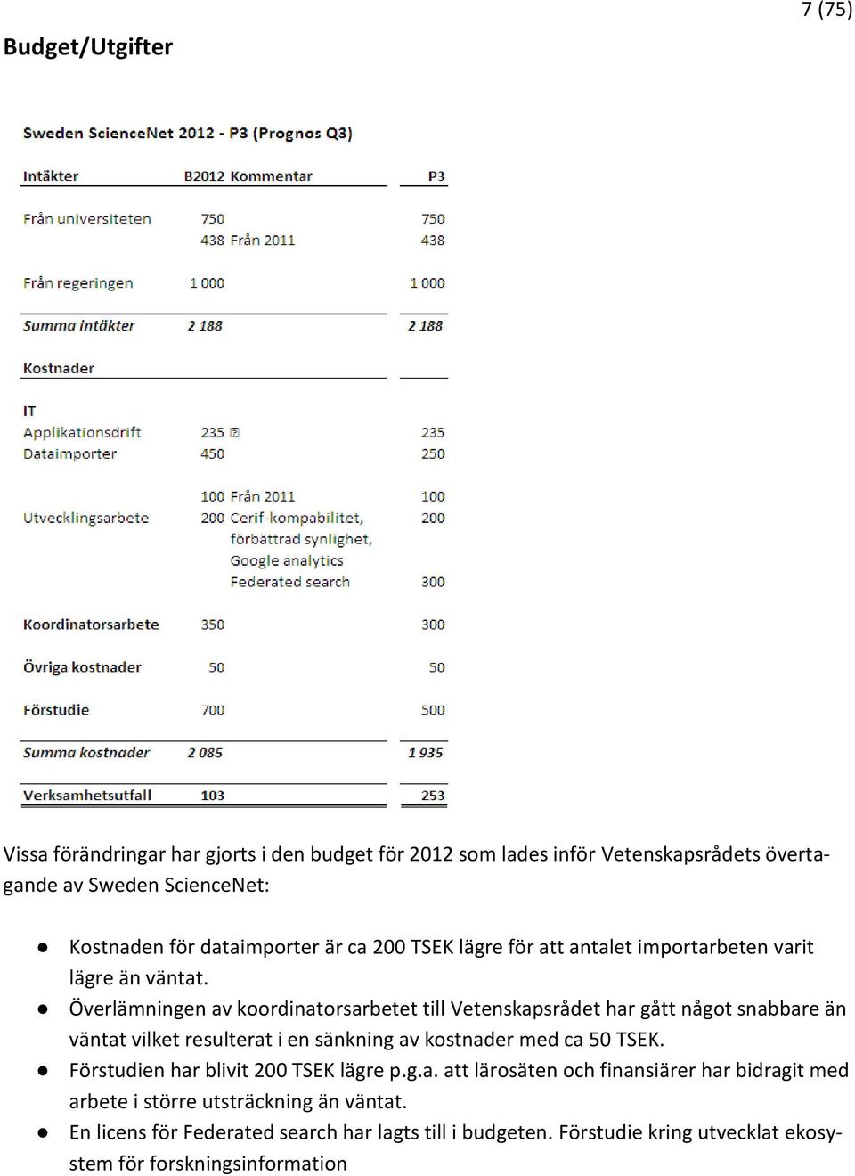 Överlämningen av koordinatorsarbetet till Vetenskapsrådet har gått något snabbare än väntat vilket resulterat i en sänkning av kostnader med ca 50 TSEK.