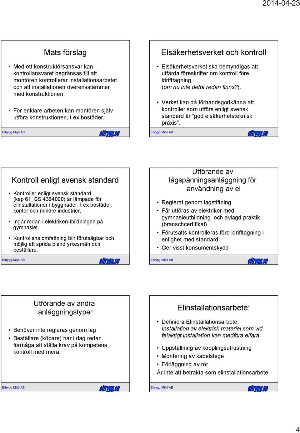 Elsäkerhetsverket och kontroll Elsäkerhetsverket ska bemyndigas att utfärda föreskrifter om kontroll före idrifttagning (om nu inte detta redan finns?).