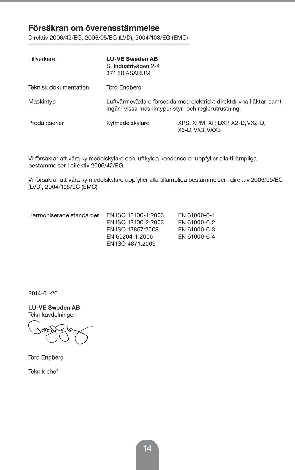 Produktserier Kylmedelskylare XPS, XPM, XP, DXP, X-D, VX-D, X-D, VX, VXX Vi försäkrar att våra kylmedelskylare och luftkylda kondensorer uppfyller alla tillämpliga bestämmelser i direktiv 006/4/EG.