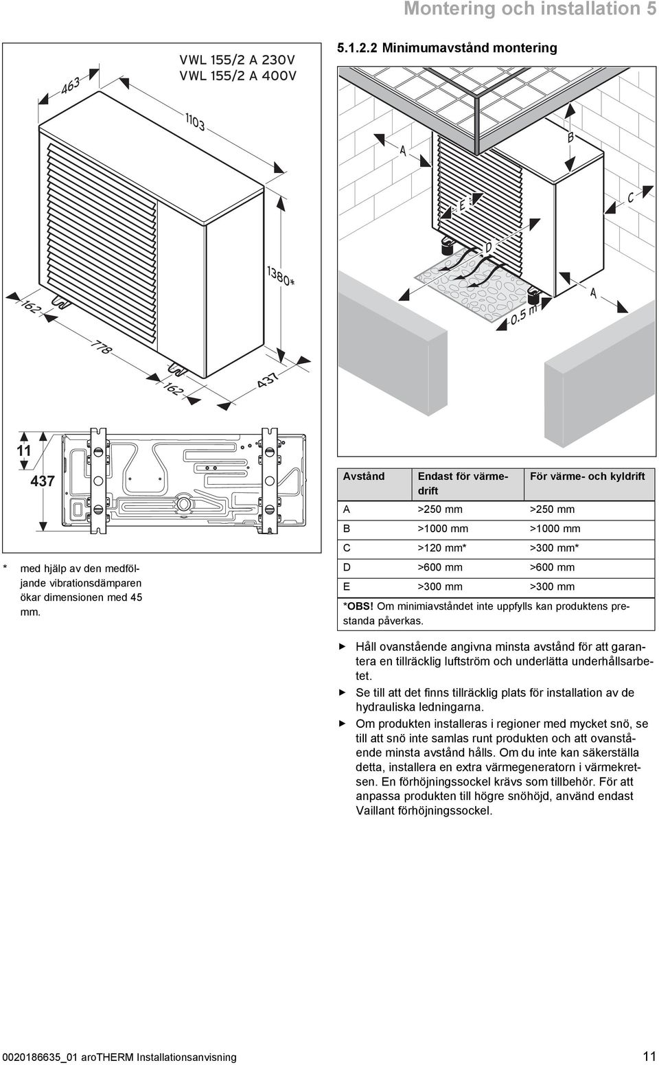 Avstånd Endast för värmedrift A >50 mm >50 mm B >000 mm >000 mm C >0 mm* >00 mm* D >600 mm >600 mm E >00 mm >00 mm För värme och kyldrift *OBS!