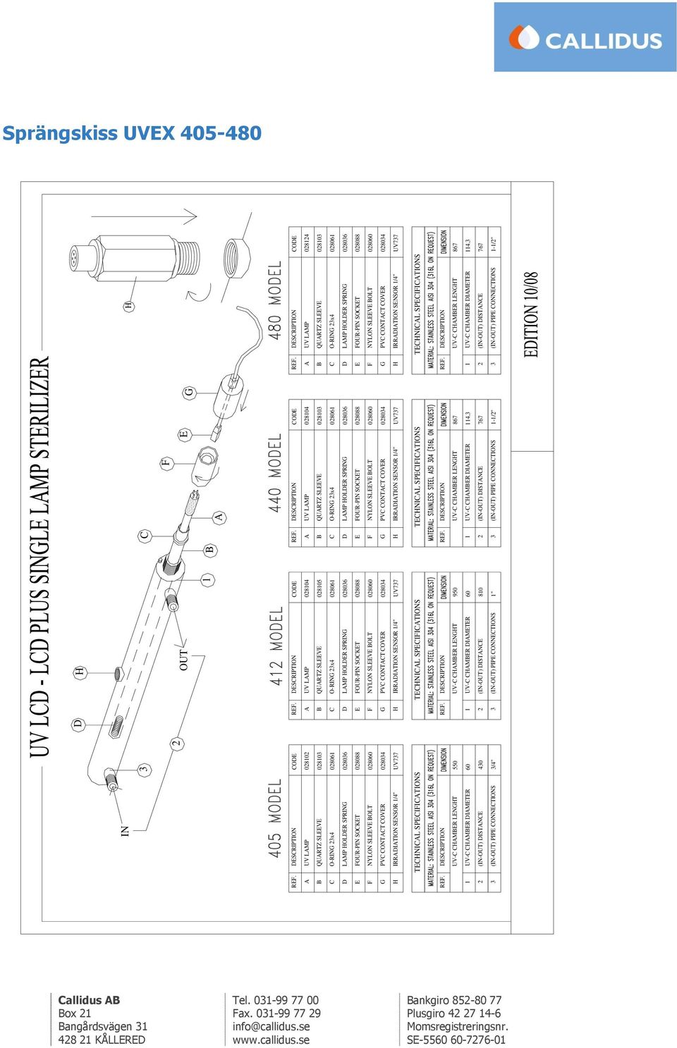 CHAMBER DIAMETER (IN-OUT) DISTANCE (IN-OUT) PIPE CONNECTIONS 3 CODE 028102 028103 028061 028036 028088 028060 028034 UV737 550 60 430 3/4" 2 D A B C D E F G H 1 2 3 H UV LAMP OUT QUARTZ SLEEVE O-RING