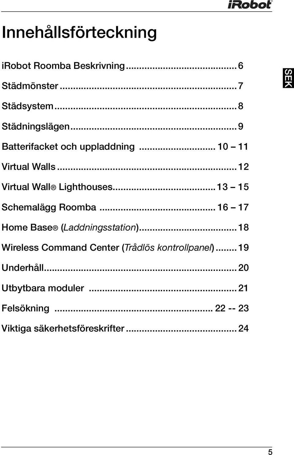 .. 13 15 Schemalägg Roomba... 16 17 Home Base (Laddningsstation).