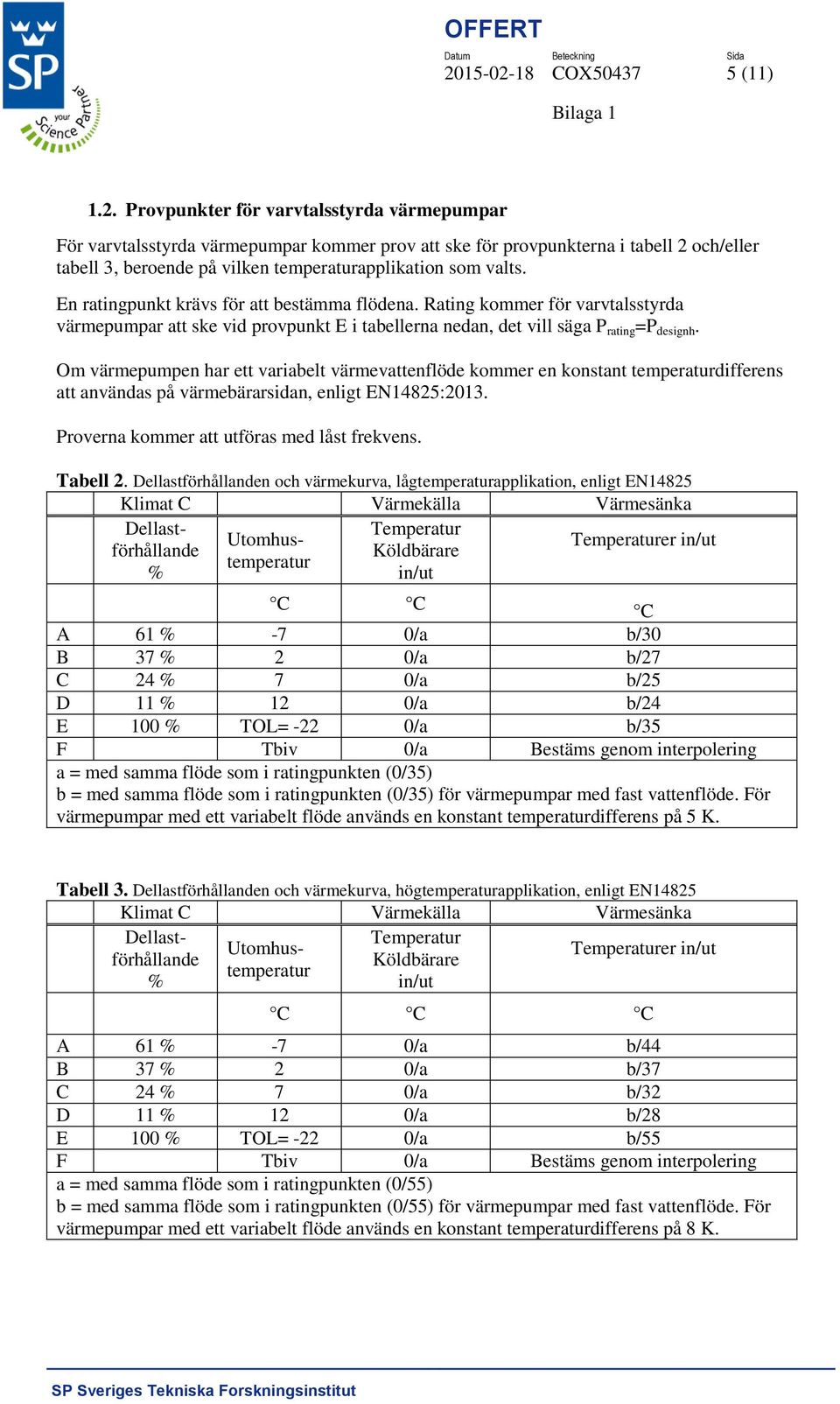 Om värmepumpen har ett variabelt värmevattenflöde kommer en konstant temperaturdifferens att användas på värmebärarsidan, enligt EN14825:2013. Proverna kommer att utföras med låst frekvens. Tabell 2.