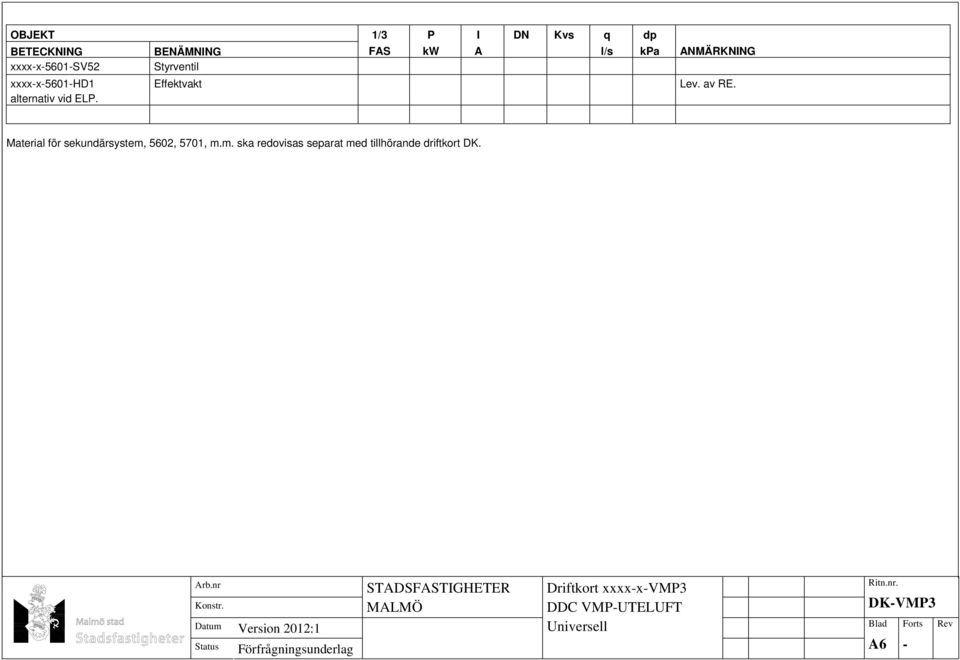 1/3 FAS P kw I A DN Kvs q l/s dp kpa ANMÄRKNING Effektvakt Lev.