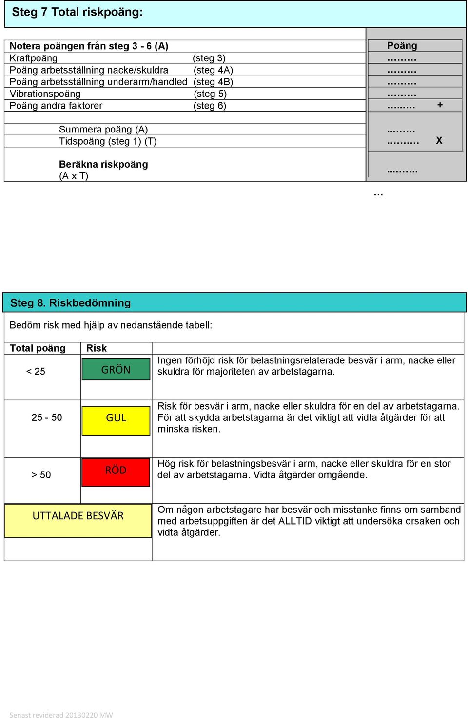 Riskbedömning Bedöm risk med hjälp av nedanstående tabell: Total poäng < 25 Risk GRÖN Ingen förhöjd risk för belastningsrelaterade besvär i arm, nacke eller skuldra för majoriteten av arbetstagarna.