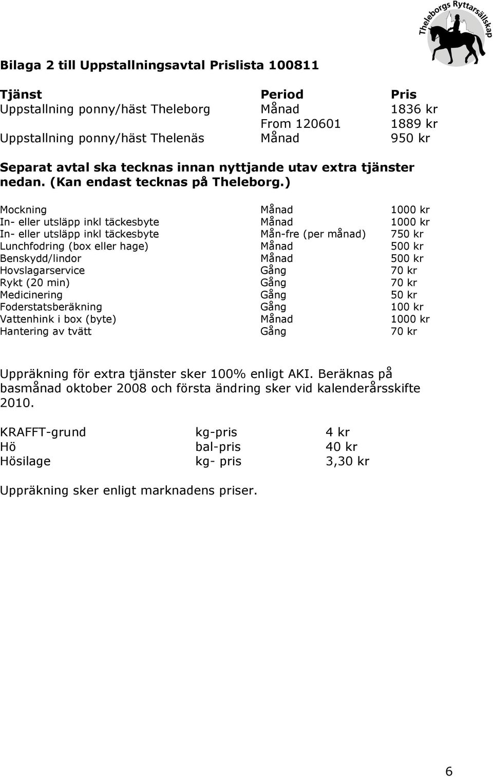 ) Mockning Månad 1000 kr In- eller utsläpp inkl täckesbyte Månad 1000 kr In- eller utsläpp inkl täckesbyte Mån-fre (per månad) 750 kr Lunchfodring (box eller hage) Månad 500 kr Benskydd/lindor Månad