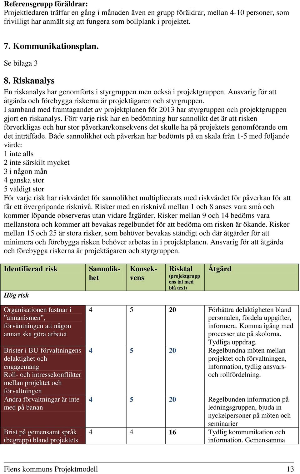 I samband med framtagandet av projektplanen för 2013 har styrgruppen och projektgruppen gjort en riskanalys.