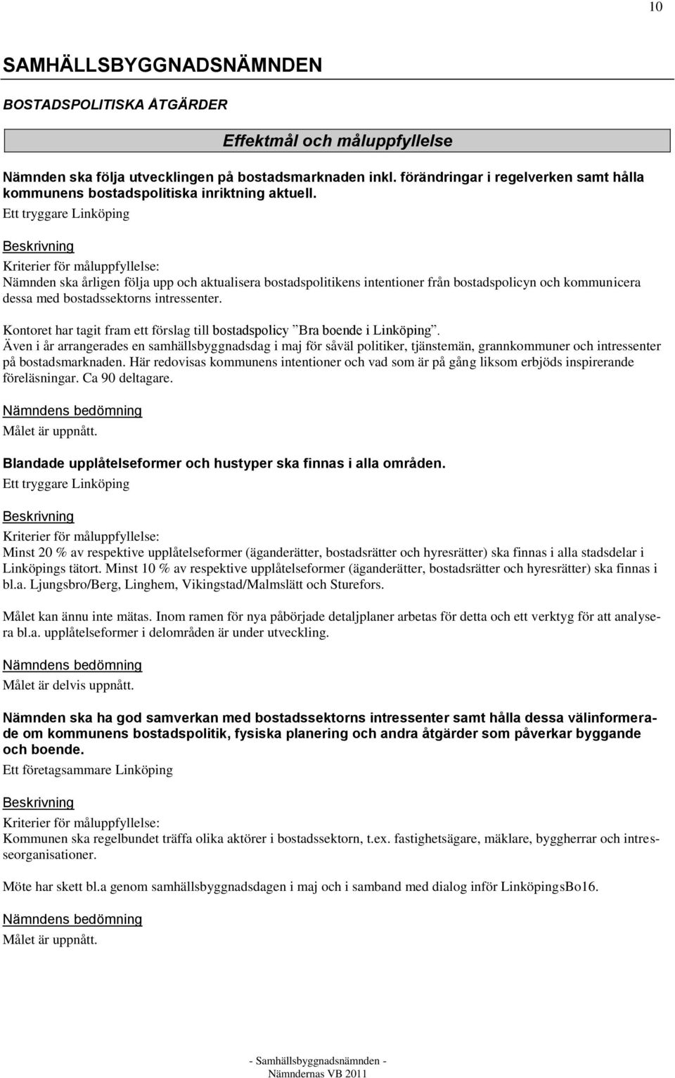 Ett tryggare Linköping Nämnden ska årligen följa upp och aktualisera bostadspolitikens intentioner från bostadspolicyn och kommunicera dessa med bostadssektorns intressenter.