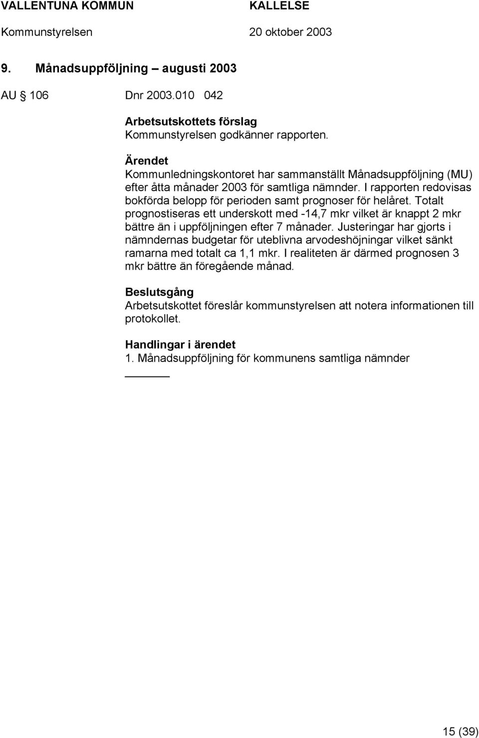 Totalt prognostiseras ett underskott med -14,7 mkr vilket är knappt 2 mkr bättre än i uppföljningen efter 7 månader.