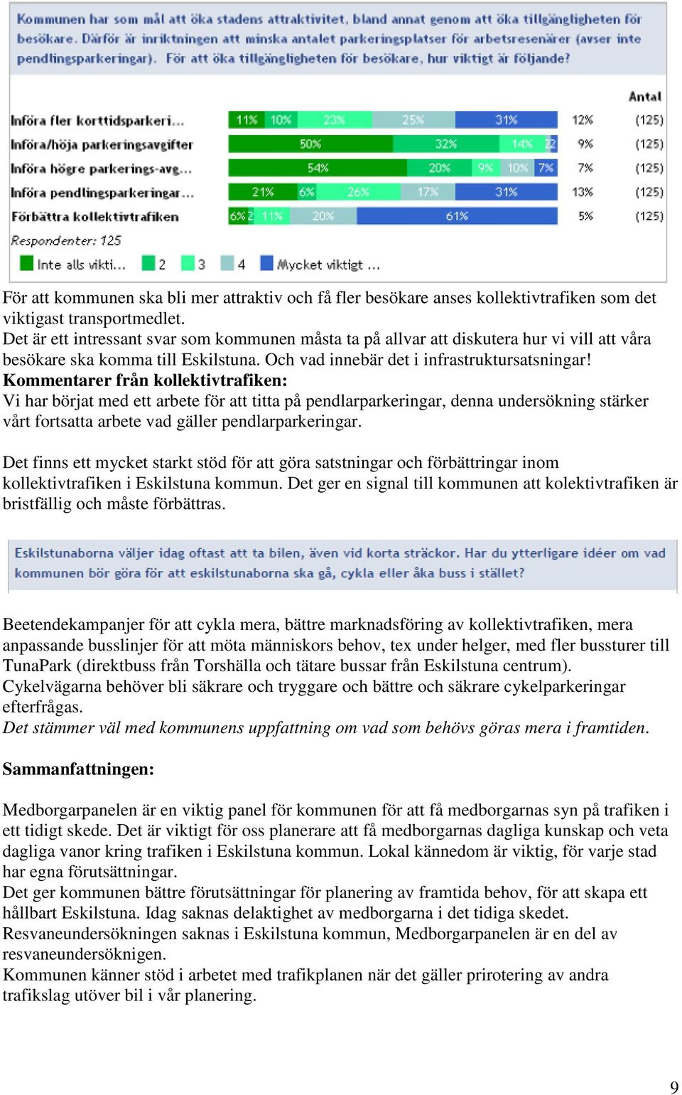 Kommentarer från kollektivtrafiken: Vi har börjat med ett arbete för att titta på pendlarparkeringar, denna undersökning stärker vårt fortsatta arbete vad gäller pendlarparkeringar.