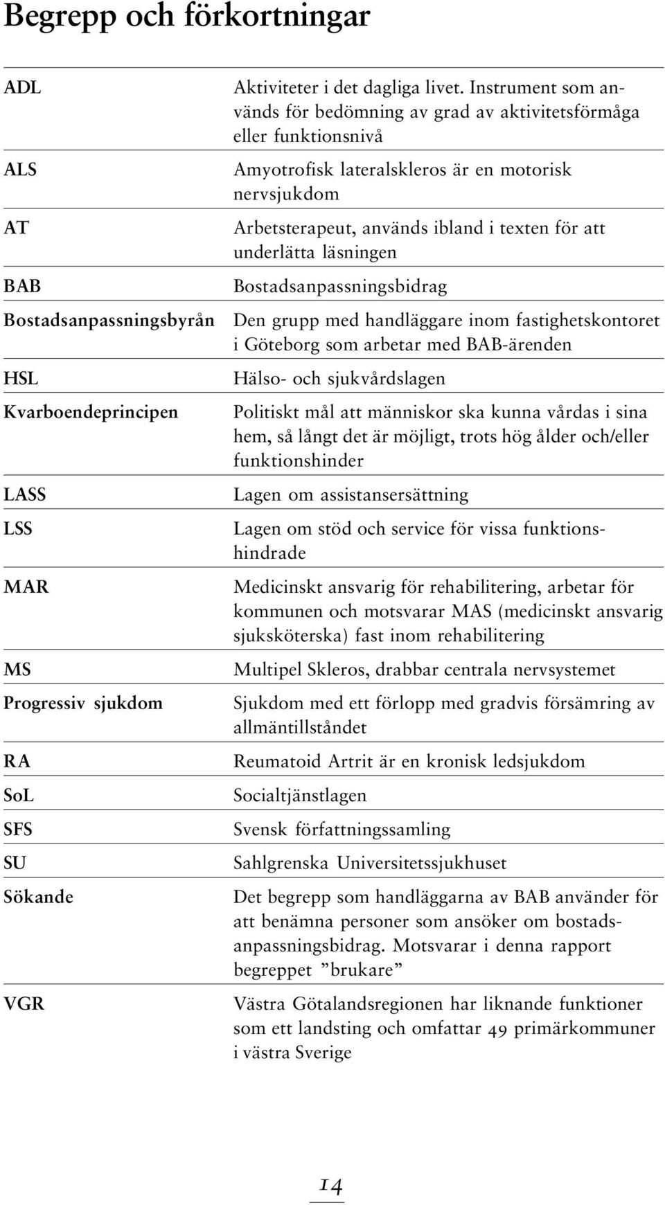 läsningen Bostadsanpassningsbidrag Den grupp med handläggare inom fastighetskontoret i Göteborg som arbetar med BAB-ärenden Hälso- och sjukvårdslagen Politiskt mål att människor ska kunna vårdas i