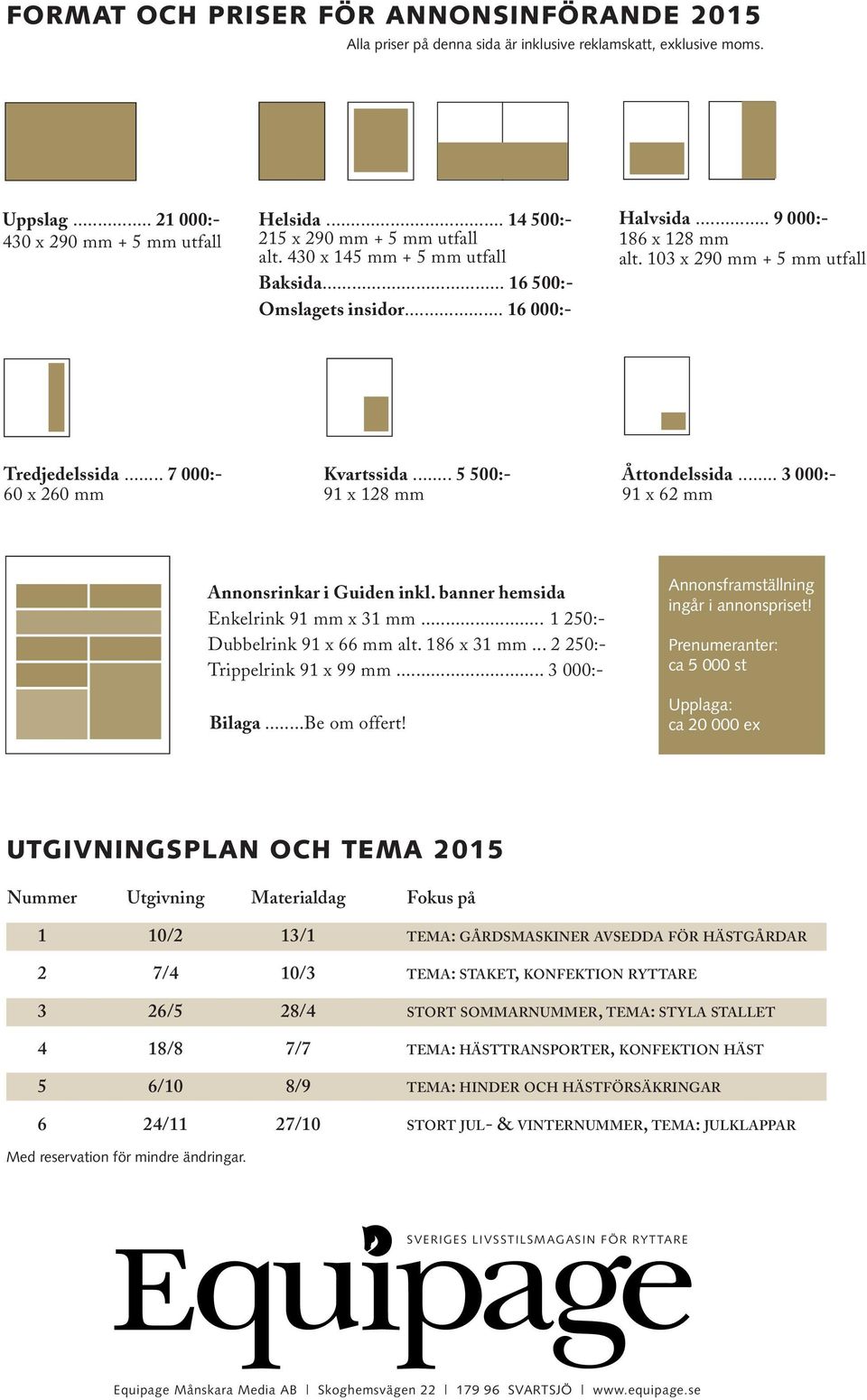 103 x 290 mm + 5 mm utfall Tredjedelssida... 7 000:- 60 x 260 mm Kvartssida... 5 500:- 91 x 128 mm Åttondelssida... 3 000:- 91 x 62 mm Annonsrinkar i Guiden inkl.