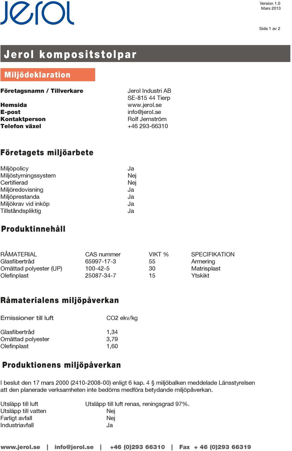 Ja Nej Nej Ja Ja Ja Ja Produktinnehåll RÅMATERIAL CAS nummer VIKT % SPECIFIKATION Glasfibertråd 65997-17-3 55 Armering Omättad polyester (UP) 100-42-5 30 Matrisplast Olefinplast 25087-34-7 15 Ytskikt